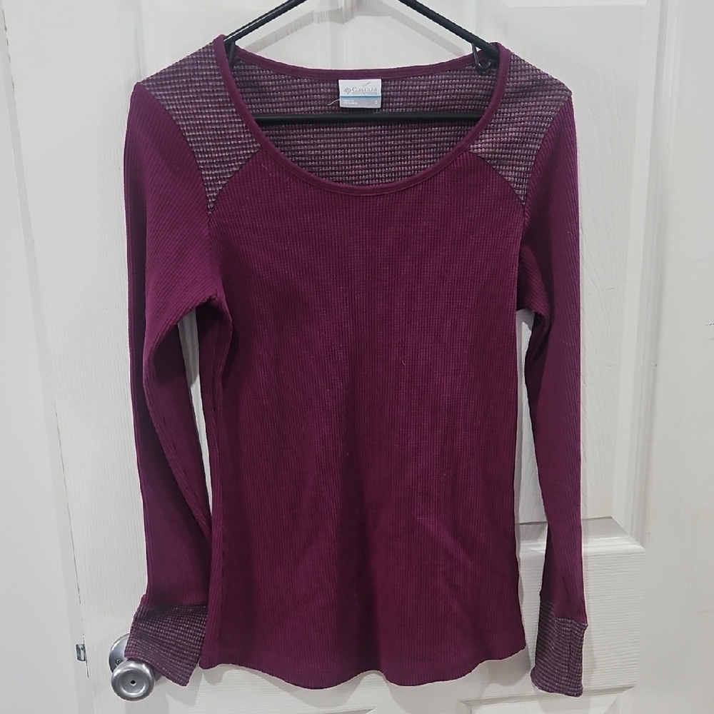 Columbia Womens Burgundy Waffle Knit Long Sleeve Top S Scoop Neck Layering